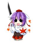  animal_ears arm_up blush_stickers chibi cosplay detached_sleeves hat ichimi inubashiri_momiji inubashiri_momiji_(cosplay) kemonomimi_mode nagae_iku open_mouth purple_hair shield skirt smile solid_circle_eyes solo sword tail tokin_hat touhou weapon wolf_ears wolf_tail 