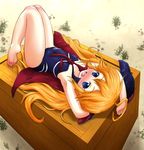  :d ahoge armpits barefoot blonde_hair blue_eyes blush cape doronjo highres kuwata_souhei leopard_(yatterman) long_hair looking_at_viewer lying on_back open_mouth smile solo thighhighs time_bokan_(series) white_legwear yatterman yoru_no_yatterman 