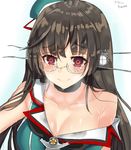  artist_name bad_id bad_pixiv_id black_hair blush breasts broken_eyewear choker choukai_(kantai_collection) cleavage collarbone crack cracked_lens dated hair_ornament hat hat_ribbon kantai_collection large_breasts long_hair mini_hat ranieln red_eyes remodel_(kantai_collection) ribbon solo wet 