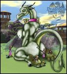  2003 ambiguous_gender anthro bald bathing big_breasts breasts butt claws clothed clothing collar dragon english_text feet female green_nipples green_scales group horn human mammal markie nipples nude outside raised_tail red_eyes scalie sitting size_difference text toe_claws water wet 