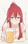  alcohol beer beer_mug blue_eyes blush drunk hair_bun long_hair looking_at_viewer miruto_netsuki o3o puckered_lips red_hair sakaki_shizuka shirobako shirt solo 