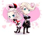  1boy 1girl ahoge aqua_eyes armor armored_dress ass bent_over blonde_hair blush boots bow bravely_default:_flying_fairy breasts crossed_arms deformed edea_lee gloves hair_bow heart heart_background leaning leaning_forward long_hair looking_at_viewer pantyhose res-q ringabel ringabell short_hair smile standing white_legwear 