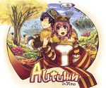  1girl autumn blue_sky blush breasts cloud floating_island large_breasts lord_knight open_mouth outdoors peco_peco poring professor_(ragnarok_online) ragnarok_online short_hair sky tree xration 