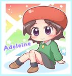  adeleine black_hair black_skirt blush character_name chibi grouse01 hat highres kirby_(series) kirby_64 multicolored multicolored_background purple_eyes rainbow_background shirt shoes sitting skirt solo 