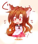  animal_ears blush brooch brown_hair chibi collarbone dress highres imaizumi_kagerou jewelry long_hair looking_away open_mouth red_eyes simple_background solo tail totoharu_(kujirai_minato) touhou white_background wolf_ears wolf_tail 