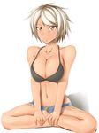  barefoot blazblue blazblue:_chronophantasma breasts bullet_(blazblue) cleavage dark_skin hands_on_feet indian_style large_breasts looking_at_viewer scar shaito short_hair shorts simple_background sitting smile solo white_background white_hair yellow_eyes 
