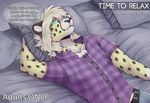  2015 acino anthro bed cheetah clothing english_text f-r95 feline green_eyes hioshiru lying male mammal on_back pants shirt solo text 