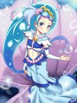  blue_eyes blue_hair bubble cure_mermaid earrings gloves go!_princess_precure jewelry kaidou_minami long_hair long_skirt magical_girl midriff multicolored_hair navel nyangvh precure purple_hair seashell_earrings shell skirt smile solo streaked_hair two-tone_hair underwater 