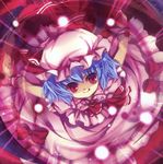  ascot bat_wings blue_hair bow bullet capura_lin danmaku hat hat_bow highres looking_at_viewer mob_cap outstretched_arms puffy_sleeves red_eyes remilia_scarlet scan shirt short_hair short_sleeves skirt skirt_set smile solo tongue tongue_out touhou vest wings wrist_cuffs 