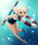  blonde_hair blue_eyes flower hair_flower hair_ornament kantai_collection kida_mochi lifebuoy long_hair one-piece_swimsuit ro-500_(kantai_collection) school_swimsuit smile solo swimsuit tan torpedo underwater 