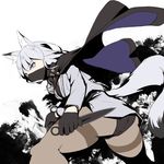  1girl animal_ears black_panties blue_eyes cape fox_ears fox_tail kageshio_(276006) kunai long_hair mask necktie original panties panties_under_pantyhose pantyhose sekka_(kageshio) silver_hair simple_background solo tail underwear uniform weapon 