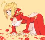  :&gt; ahoge ass bent_over blonde_hair braid breasts cleavage dress epaulettes fate/extra fate_(series) green_eyes hair_bun hair_ribbon jean_(jean_sp) large_breasts nero_claudius_(fate) nero_claudius_(fate)_(all) petals red_dress ribbon solo 