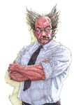 absurdres bald_spot bespectacled crossed_arms eyebrows facial_hair glasses highres male_focus messy_hair mishima_heihachi muscle mustache necktie shirt sleeves_rolled_up solo tekken thick_eyebrows traditional_media unko2929 
