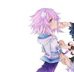  arm_grab blanc d-pad d-pad_hair_ornament finger_to_chin from_side hair_ornament harem hatyo holding_hands kami_jigen_game_neptune_v multiple_girls neptune_(choujigen_game_neptune) neptune_(series) noire out_of_frame purple_eyes purple_hair simple_background solo_focus vert white_background yuri 