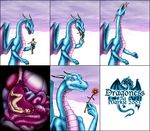  2003 anthro blue_scales claws comic dragon duo english_text female flower hair holding horn human internal intestines low_res male mammal markie nude open_mouth outside pink_eyes plant purple_scales scalie size_difference slit_pupils teeth text tongue vore wings 