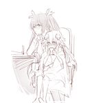  blush chair chin_rest cup hatyo holding holding_cup monochrome multiple_girls neptune_(choujigen_game_neptune) neptune_(series) noire sitting sketch twintails 