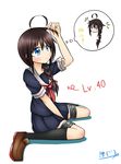  :&gt; :&lt; absurdres ahoge blue_eyes braid brown_hair commentary hair_flaps hair_ribbon highres kantai_collection kneehighs neckerchief pleated_skirt red_neckwear remodel_(kantai_collection) ribbon school_uniform serafuku shigure_(kantai_collection) signature single_braid sitting skirt translated v-shaped_eyebrows wariza wataru_(nextlevel) 