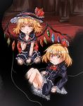  alternate_costume altrouge between_legs blonde_hair darkness finger_to_mouth flandre_scarlet frilled_hat frilled_skirt frilled_sleeves frills gothic_lolita hair_ribbon hand_between_legs hat indoors lolita_fashion multiple_girls pink_eyes ribbon rumia short_hair sitting skirt touhou wings wrist_cuffs 