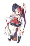  aqua_eyes bare_shoulders black_gloves boots braid broom cat detached_sleeves dungeon_anywhere full_body gloves h2so4 hair_ribbon hat highres kneehighs long_hair neck_ribbon ribbon simple_background solo white_background white_hair 
