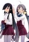  ^_^ absurdres adjusting_hair ahoge black_hair blush closed_eyes collared_shirt dressing fujikawa hair_between_eyes hair_over_one_eye hair_ribbon halterneck hayashimo_(kantai_collection) highres holding_clothes kantai_collection kiyoshimo_(kantai_collection) long_hair low_twintails multiple_girls neck_ribbon non-web_source nyantype official_art pantyhose pink_eyes ribbon shirt smile twintails tying_hair very_long_hair 