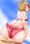  1girl ass back bare_shoulders bikini_top blush breasts brown_eyes brown_hair butt_crack cameltoe female from_behind full_body huge_ass idolmaster idolmaster_cinderella_girls looking_at_viewer looking_back mimura_kanako parted_lips short_hair short_shorts solo squatting yummy_yoi 