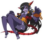  bad_id bad_tumblr_id black_hair breasts full_body hair_over_one_eye hair_tubes horn_ornament long_hair matsuda_yuusuke monster_girl multicolored multicolored_skin nipples nise_maou_nekuzeru no_panties parted_lips pointy_ears purple_skin red_eyes sharp_teeth skirt small_breasts solo stitches tail teeth topless upskirt yuusha_to_maou zombie 