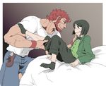  beard bessend black_hair bow bowtie facial_hair fate/zero fate_(series) green_eyes highres male_focus multiple_boys red_eyes red_hair rider_(fate/zero) shirt t-shirt waver_velvet yaoi 