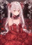  bad_id bad_pixiv_id bare_shoulders breasts cleavage dress dsmile elbow_gloves gloves hair_ornament hands_together long_hair original petals red_dress red_eyes red_gloves rose_petals silver_hair sitting small_breasts solo strapless strapless_dress twintails very_long_hair 