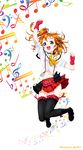  :d arm_up bass_clef beamed_eighth_notes beamed_sixteenth_notes black_legwear blue_eyes bokura_wa_ima_no_naka_de bow choker earrings eighth_note fingerless_gloves flat_sign gloves groin half_note highres jewelry jumping kousaka_honoka love_live! love_live!_school_idol_project midriff muraco_shogo musical_note navel one_side_up open_mouth orange_hair red_gloves ribbon_choker scrunchie skirt smile solo thighhighs thirty-second_note treble_clef twitter_username white_background 