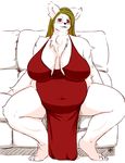  anthro big_breasts breasts canine chubby cleavage clothed clothing dress fdokkaku female fur looking_at_viewer mammal milf mother parent red_eyes sitting sofa solo white_fur 