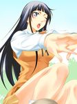  asakura_kiyomi bad_source bangs black_hair blue_eyes blunt_bangs blush breasts interlocked_fingers kimi_no_iru_machi large_breasts long_hair official_art one_eye_closed open_mouth school_uniform seo_kouji simple_background sitting skirt solo thighs tongue 