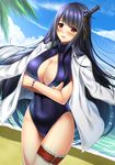  black_hair blush breasts cleavage dress_shirt front_zipper_swimsuit fusou_(kantai_collection) hair_ornament highres kantai_collection large_breasts long_hair meme_attire one-piece_swimsuit red_eyes shibata_rai shirt smile solo swimsuit thigh_strap 