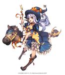  alternate_costume boots broken_(chaos_online) broom broom_riding brown_eyes chaos_online company_name copyright_name full_body hat highres hobby_horse long_hair love_cacao official_art pinky_out purple_hair simple_background skull smile solo wand white_background witch witch_hat 