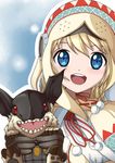  blonde_hair blue_eyes claws gloves highres hood lagombi lagombi_(armor) looking_at_viewer monster monster_hunter monster_hunter_portable_3rd open_mouth snow wisewolf_art 