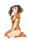  between_legs blush boots breasts brown_hair cleavage collarbone cross-laced_footwear diane_(nanatsu_no_taizai) frown full_body guaizi highres lace-up_boots leotard medium_breasts nanatsu_no_taizai orange_footwear orange_leotard puffy_sleeves purple_eyes seiza shiny shiny_hair shiny_skin simple_background sitting solo twintails white_background 