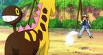  1boy animated animated_gif black_hair chikorita girafarig hat pokemon pokemon_(anime) 