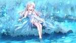  bare_arms bare_legs bare_shoulders barefoot blue closed_eyes dress forest highres long_hair nature original pond risutaru silver_hair sitting soaking_feet solo white_dress 