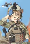  a-10_thunderbolt_ii aircraft airplane america american_flag assault_rifle ayyh bad_id bad_pixiv_id brown_eyes brown_hair building camouflage day fang fire firing from_below glasses gloves gun hand_on_own_head headset helmet highres load_bearing_vest looking_down magazine_(weapon) military military_operator military_uniform open_mouth original out_of_frame rifle sky sling smoke soldier solo_focus sweat tourniquet uniform war weapon 