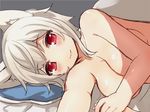  animal_ears bad_id bad_pixiv_id blush breasts cleavage holding_hands inubashiri_momiji large_breasts looking_at_viewer lying nude on_side out_of_frame pillow pov pov_hands red_eyes sawatari_(sado) silver_hair smile touhou wolf_ears 