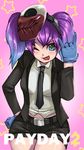  :p blue_eyes blue_gloves formal gloves gradient_hair highres latex latex_gloves mask mask_removed multicolored_hair necktie payday_(series) payday_2 purple_hair shirt short_hair shorts suit tachumaru thighs tongue tongue_out twintails 