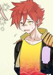  aizen_kunitoshi bandaid bandaid_on_nose male_focus ogino_atsuki open_mouth pointing red_hair solo_focus sweat touken_ranbu yellow_eyes 