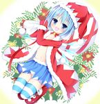  :d alternate_costume bad_id bad_pixiv_id bell blue_eyes blue_hair blush choker christmas cirno fur_trim hat ice ice_wings jingle_bell jumping looking_at_viewer maccha navel open_clothes open_mouth sack santa_costume santa_hat skirt smile solo striped striped_legwear thighhighs touhou wings 