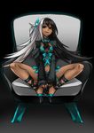  black_hair blue_bow blue_pupils bow chair commentary_request dark_skin doppelganger full_body kaida_michi knees_apart_feet_together long_hair looking_at_viewer multicolored_hair norah_bright original shorts sitting smile solo strappy_heels two-tone_hair very_long_hair white_hair 