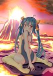  ass blue_hair bow cloud cloudy_sky cyndaquil fuzuki_ichigo gen_2_pokemon hair_bow highres long_hair looking_at_viewer looking_back one-piece_swimsuit personification pokemon red_eyes sitting sky solo swimsuit twintails volcano wariza yellow_legwear 