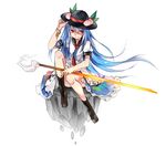  blue_hair boots cross-laced_footwear downscaled food fruit hat hinanawi_tenshi long_hair md5_mismatch peach red_eyes resized sitting solo sword_of_hisou touhou toutenkou very_long_hair 