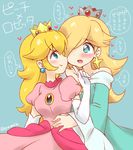  aqua_dress blonde_hair blue_eyes blush crown dress earrings elbow_gloves eromame gloves hair_over_one_eye jewelry long_hair long_sleeves mario_(series) multiple_girls open_mouth pink_dress princess_peach puffy_short_sleeves puffy_sleeves rosetta_(mario) short_sleeves smile super_mario_bros. super_mario_galaxy translated white_gloves wide_sleeves yuri 