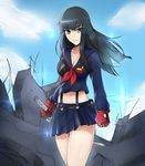  alternate_costume black_hair blue_eyes breasts cleavage eyebrows gloves highres katana kill_la_kill kiryuuin_satsuki large_breasts long_hair midriff red_gloves reverse_grip ryairyai school_uniform senketsu serafuku skirt solo sparkle spoilers suspenders sword thick_eyebrows weapon 