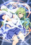  :d detached_sleeves frog frog_hair_ornament gohei green_hair hair_ornament kochiya_sanae leg_up long_hair looking_at_viewer open_mouth pentagram skirt smile snake solo touhou wide_sleeves yappen yellow_eyes 