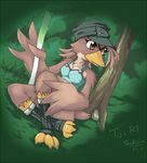  2009 anthro barefoot beak boots breasts brown_eyes brown_feathers clothed clothing farfetch&#039;d female grass hat leaf nintendo orange_skin pok&eacute;mon skykain solo stick tree video_games white_feathers wings 