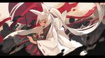  animal_ears battle battoujutsu_stance fighting_stance grin hair_ornament hairpin highres jong_tu katana letterboxed long_hair pixiv_fantasia pixiv_fantasia_fallen_kings ready_to_draw red_eyes smile solo_focus sword very_long_hair weapon white_hair 